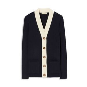 NWT TORY BURCH Womens Navy Ribbed Long Sleeve V Neck Button Up Sweater XS